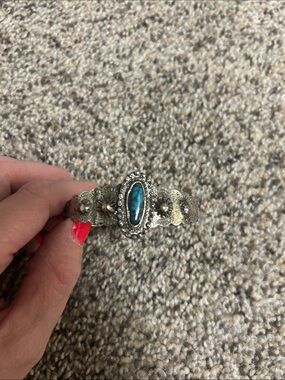 Silver-Tone Cuff Bracelet with Blue Turquoise Oval Accent